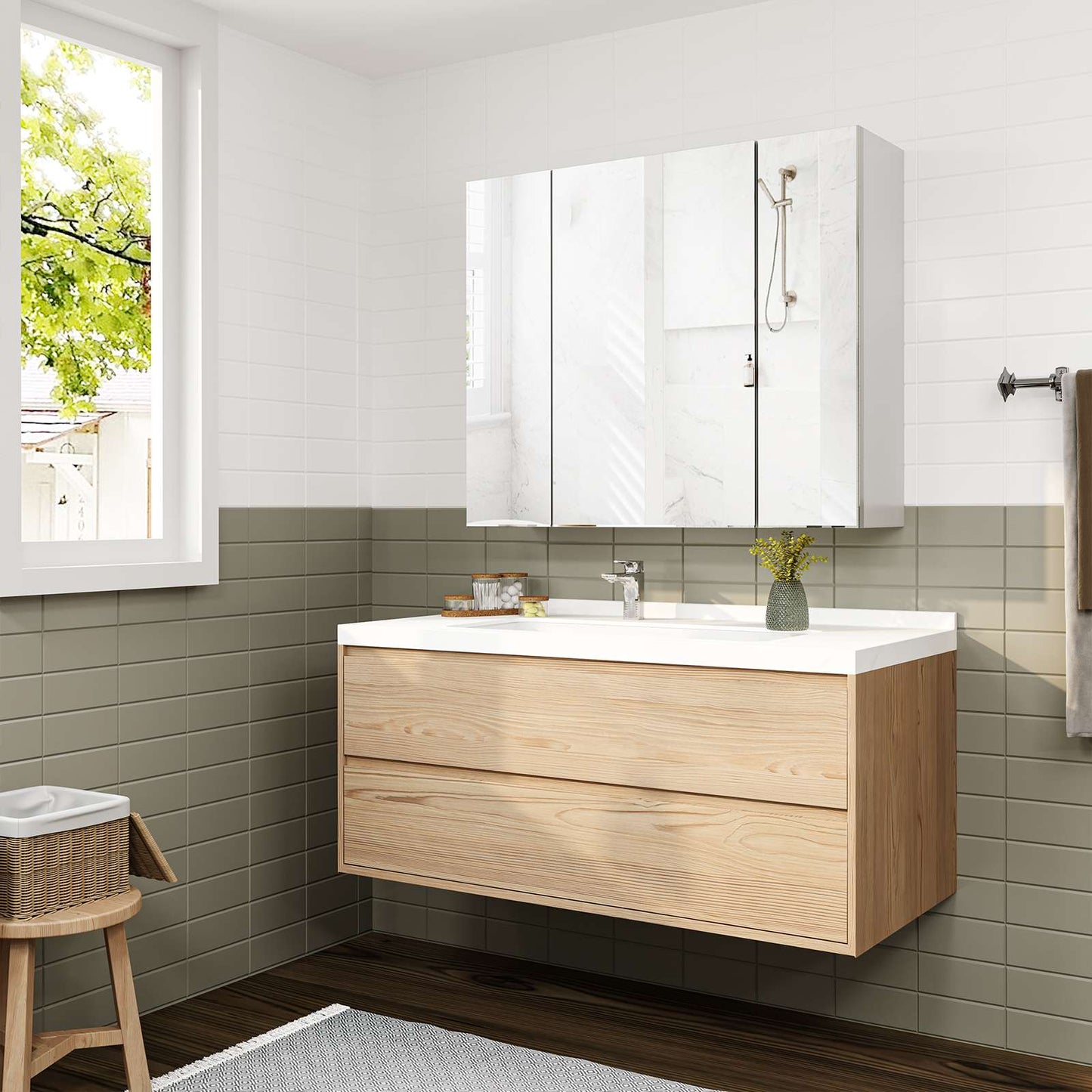DICTAC | 3-Door Medicine Cabinet with Mirror & Adjustable Shelves, Wall Mounted Bathroom Storage Cabinet, White