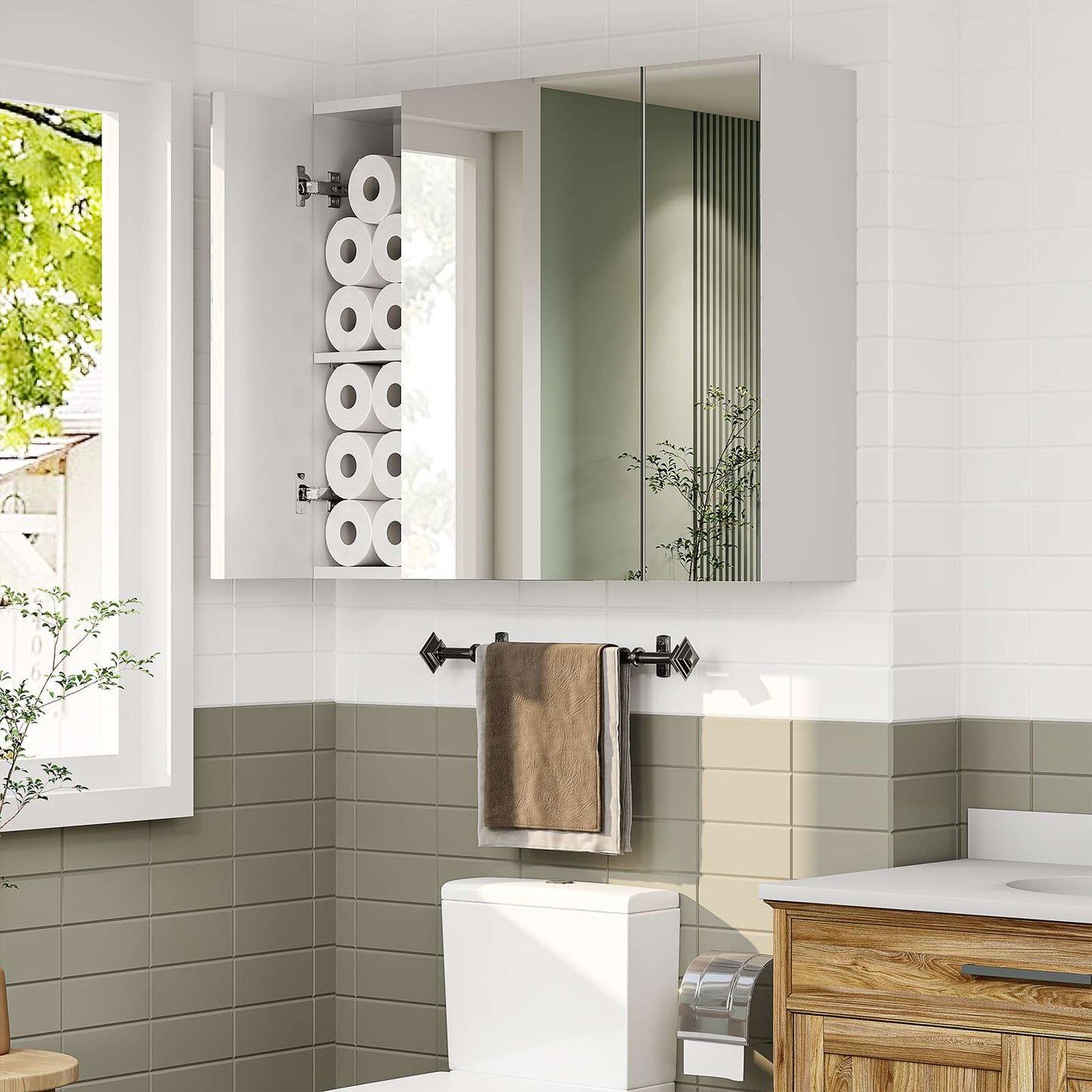 DICTAC | 3-Door Medicine Cabinet with Mirror & Adjustable Shelves, Wall Mounted Bathroom Storage Cabinet, White