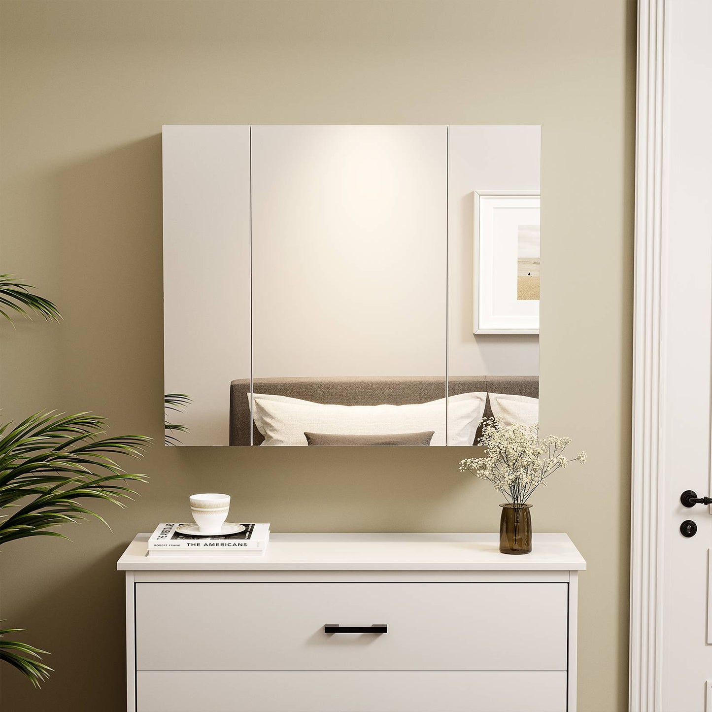 DICTAC | 3-Door Medicine Cabinet with Mirror & Adjustable Shelves, Wall Mounted Bathroom Storage Cabinet, White