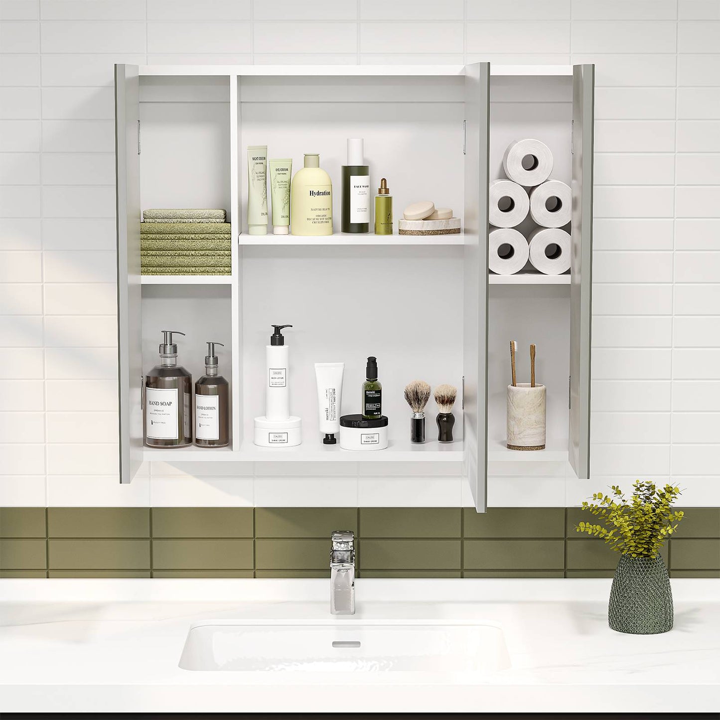 DICTAC | 3-Door Medicine Cabinet with Mirror & Adjustable Shelves, Wall Mounted Bathroom Storage Cabinet, White