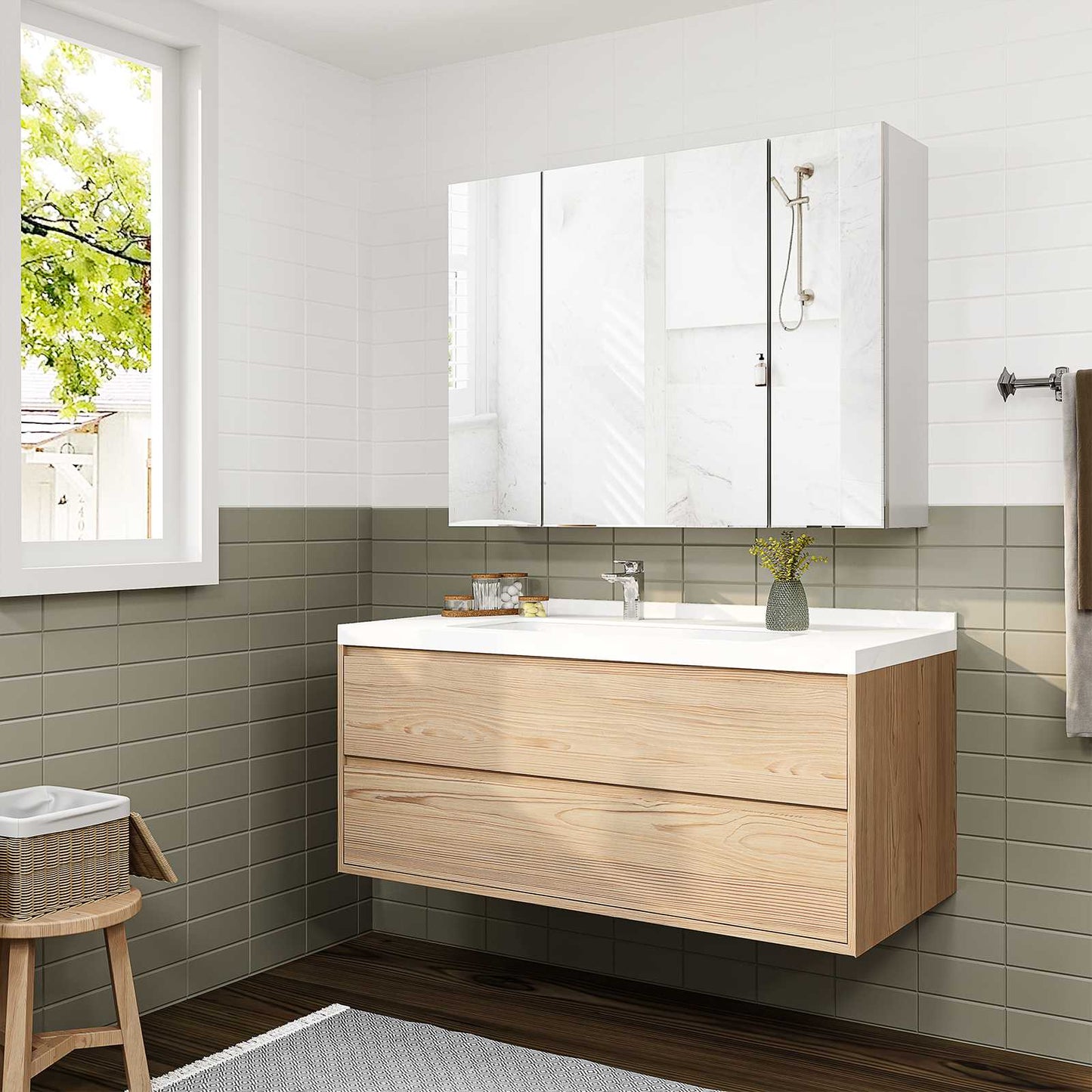 DICTAC | 3-Door Medicine Cabinet with Mirror & Adjustable Shelves, Wall Mounted Bathroom Storage Cabinet, White