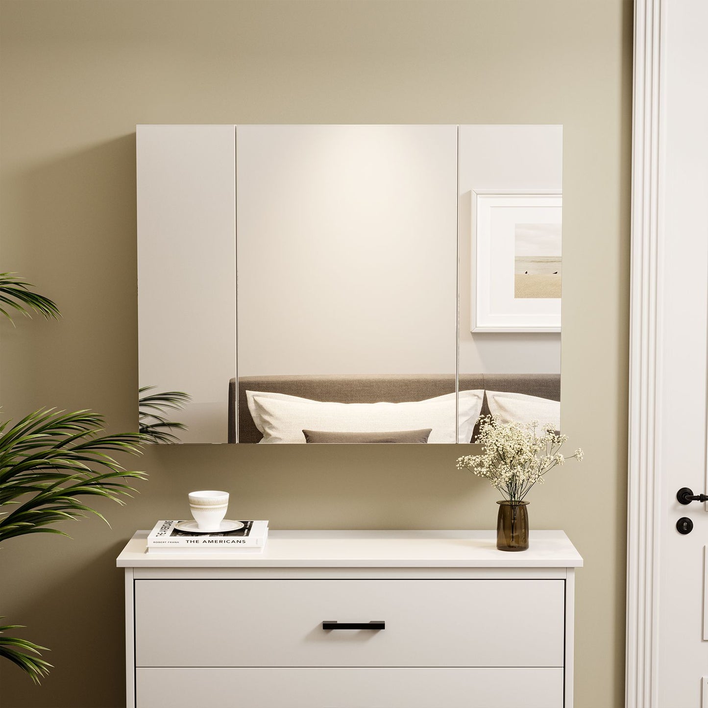 DICTAC | 3-Door Medicine Cabinet with Mirror & Adjustable Shelves, Wall Mounted Bathroom Storage Cabinet, White