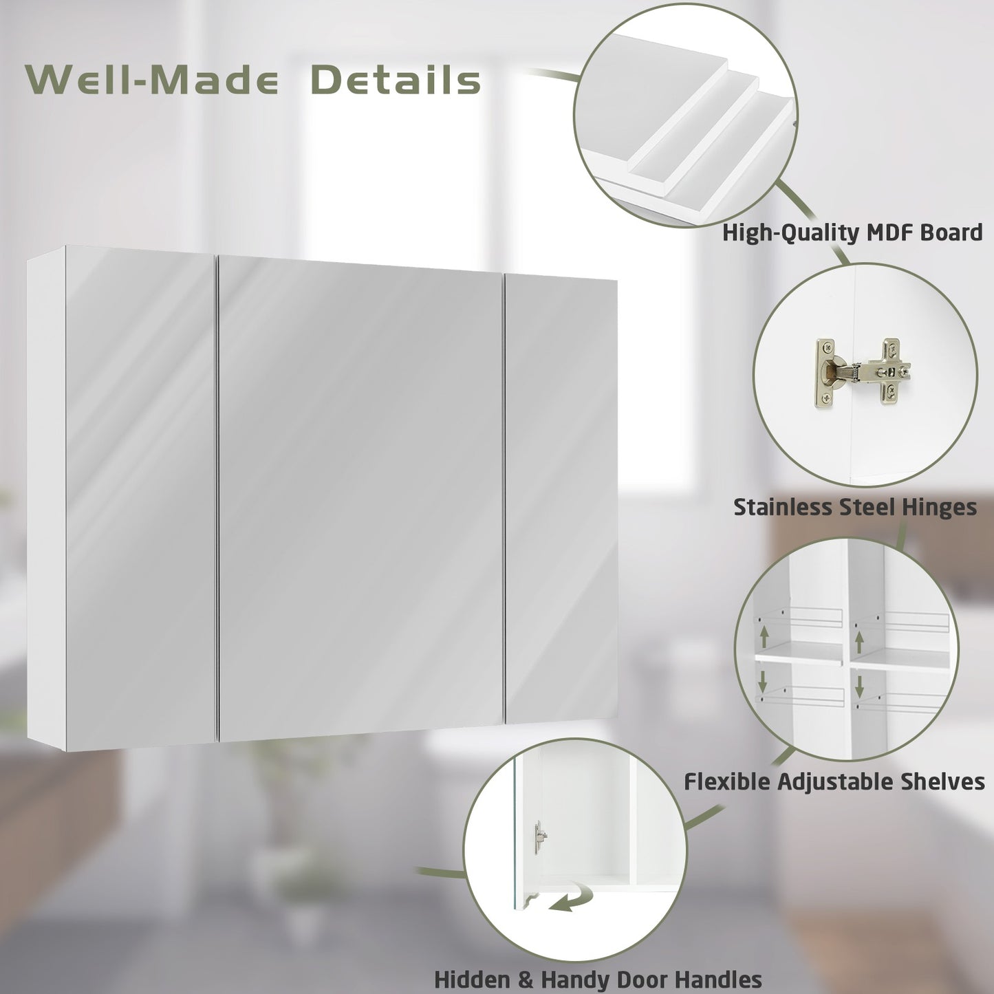DICTAC | 3-Door Medicine Cabinet with Mirror & Adjustable Shelves, Wall Mounted Bathroom Storage Cabinet, White