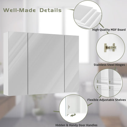 DICTAC | 3-Door Medicine Cabinet with Mirror & Adjustable Shelves, Wall Mounted Bathroom Storage Cabinet, White