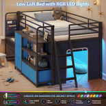 DICTAC | Twin Low Loft Bed for Kids with Desk, Storage Drawers, Bookshelf & Play Tent, LED Lights, Metal Loft Bed with Guardrail (Blue & Black)