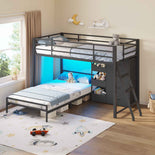 DICTAC | Twin Over Twin Low Bunk Bed with Storage Drawers, Toy Bins & RGB LED Lights, Black/White
