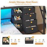 DICTAC | Twin Over Twin Low Bunk Bed with Storage Drawers, Toy Bins & RGB LED Lights, Black/White