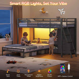 DICTAC | Twin Over Twin Low Bunk Bed with Storage Drawers, Toy Bins & RGB LED Lights, Black/White