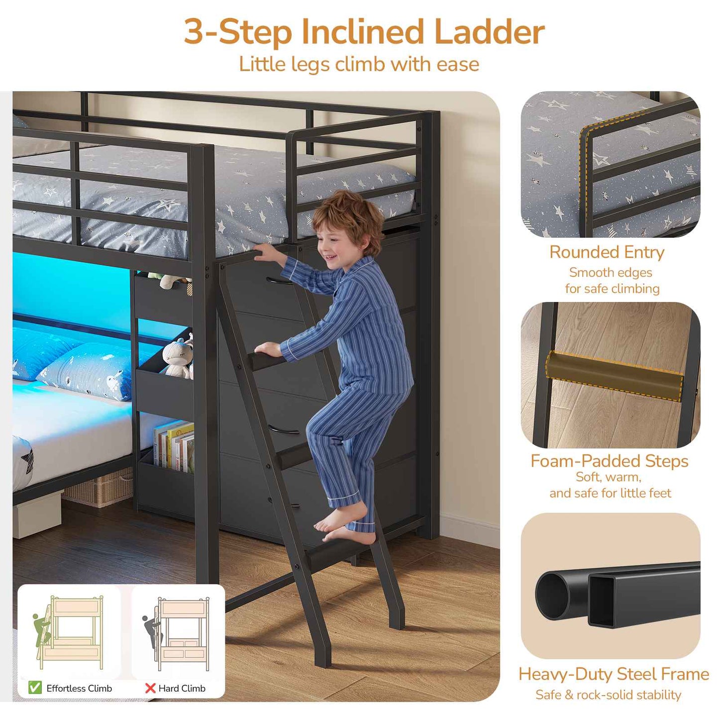 DICTAC Twin Over Twin Low Bunk Bed with Storage Drawers, Toy Bins & RGB LED Lights, Modular Metal Kids Bunk Bed with Safety Guardrail & Ladder, Black/White