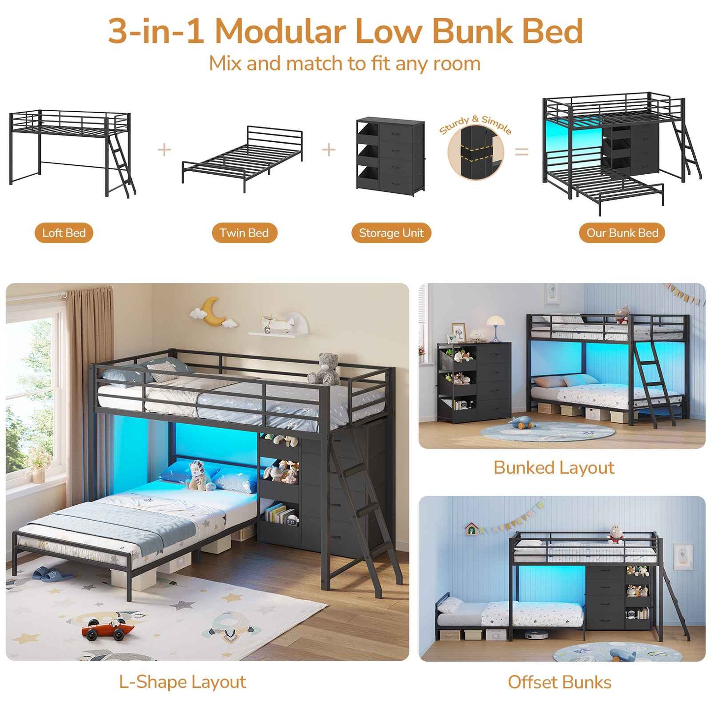 DICTAC Twin Over Twin Low Bunk Bed with Storage Drawers, Toy Bins & RGB LED Lights, Modular Metal Kids Bunk Bed with Safety Guardrail & Ladder, Black/White