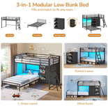 DICTAC | Twin Over Twin Low Bunk Bed with Storage Drawers, Toy Bins & RGB LED Lights, Black/White