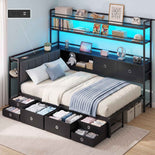 DICTAC |  Twin Corner Bed with 8 Storage Drawers, Bookshelf, Charging Station & LED Lights