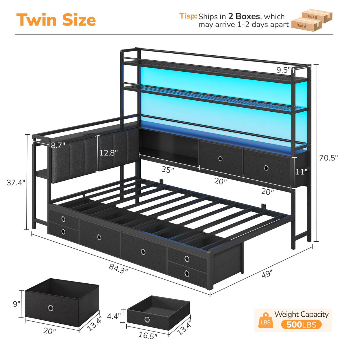 DICTAC |  Twin Corner Bed with 8 Storage Drawers, Bookshelf, Charging Station & LED Lights