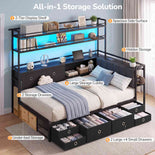 DICTAC |  Twin Corner Bed with 8 Storage Drawers, Bookshelf, Charging Station & LED Lights