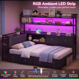 DICTAC |  Twin Corner Bed with 8 Storage Drawers, Bookshelf, Charging Station & LED Lights