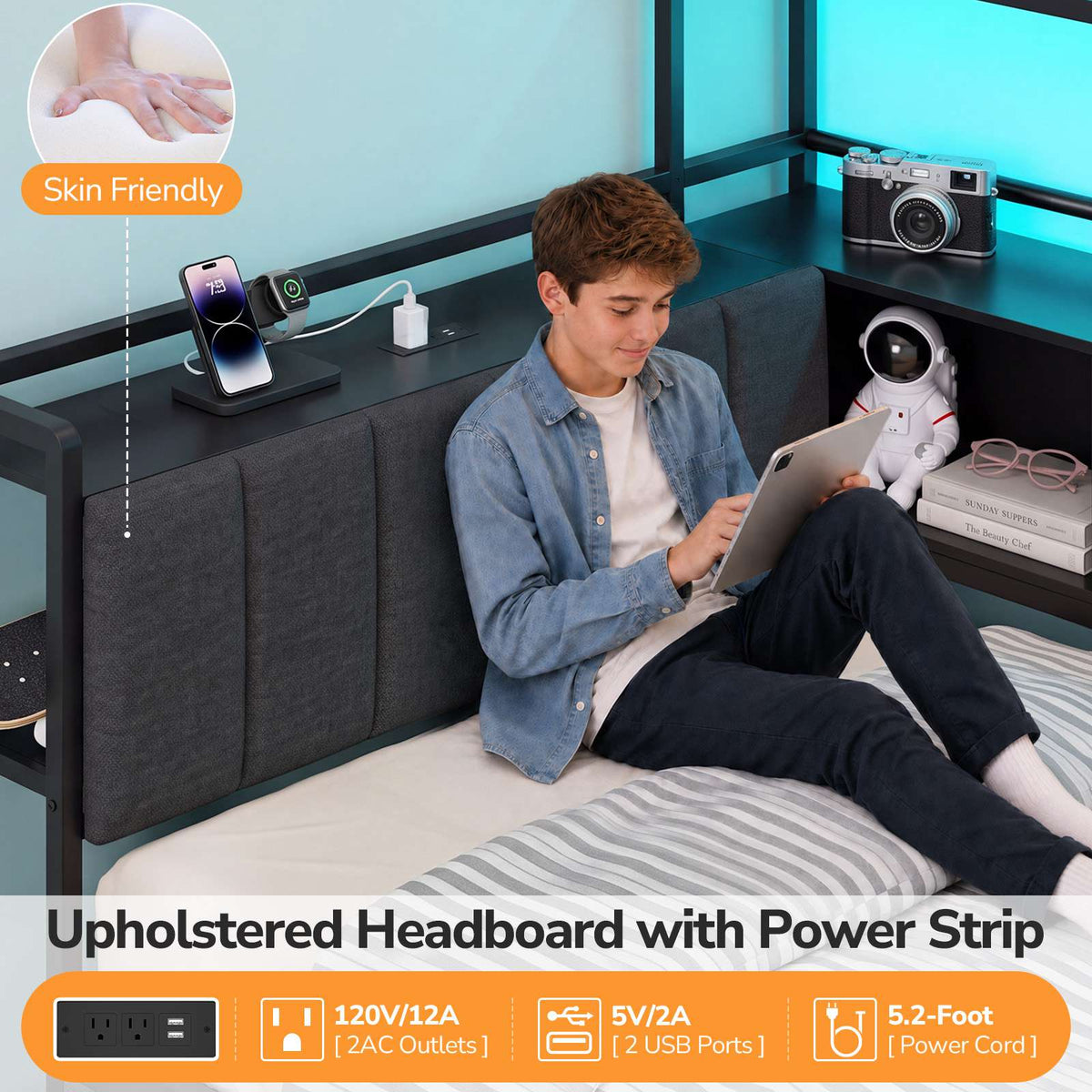DICTAC |  Twin Corner Bed with 8 Storage Drawers, Bookshelf, Charging Station & LED Lights