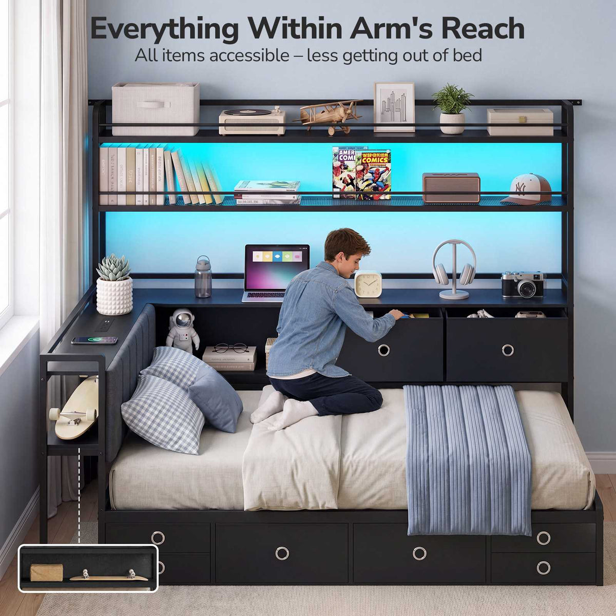 DICTAC |  Twin Corner Bed with 8 Storage Drawers, Bookshelf, Charging Station & LED Lights