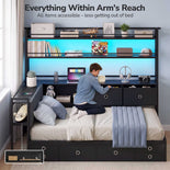 DICTAC |  Twin Corner Bed with 8 Storage Drawers, Bookshelf, Charging Station & LED Lights