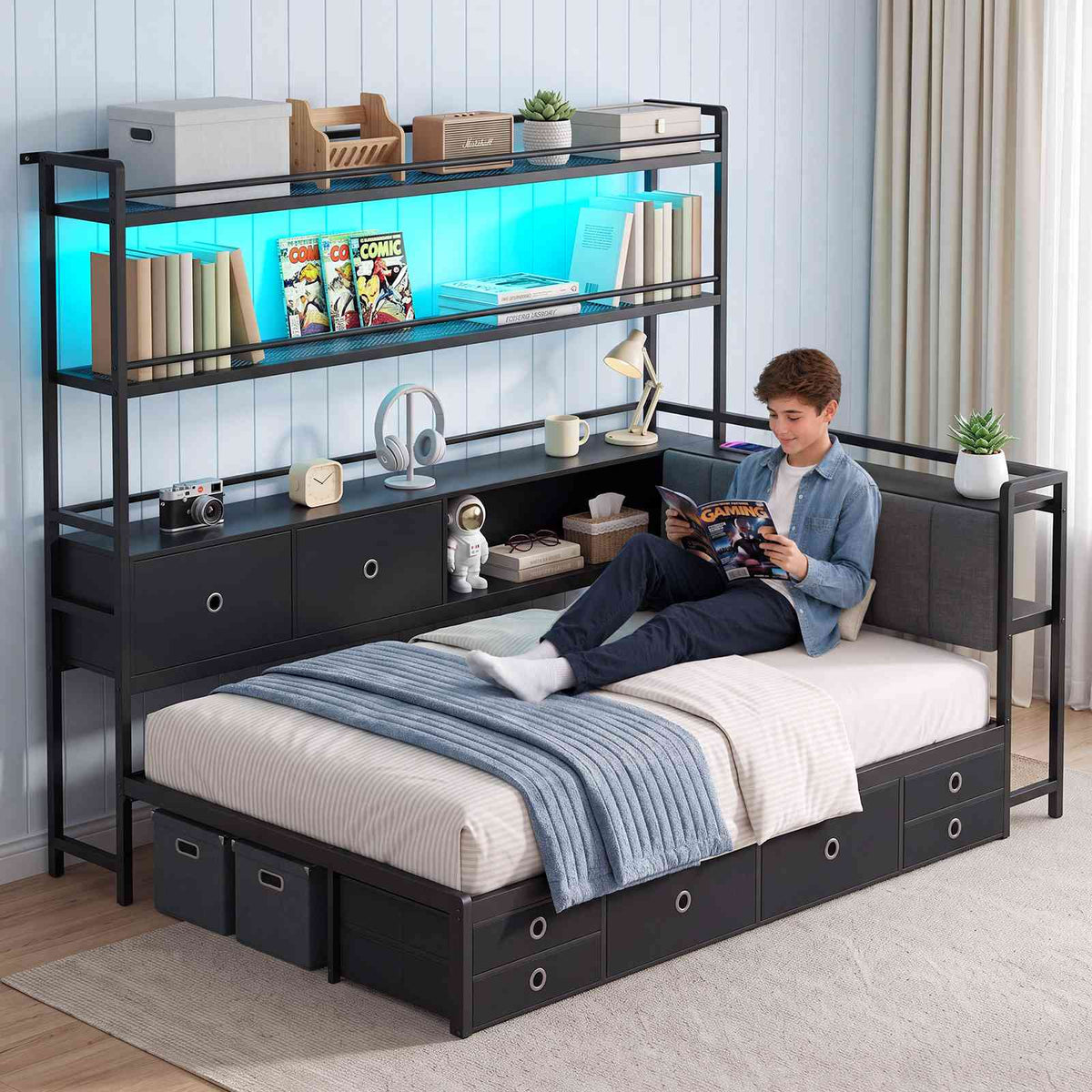 DICTAC |  Twin Corner Bed with 8 Storage Drawers, Bookshelf, Charging Station & LED Lights