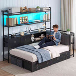 DICTAC |  Twin Corner Bed with 8 Storage Drawers, Bookshelf, Charging Station & LED Lights
