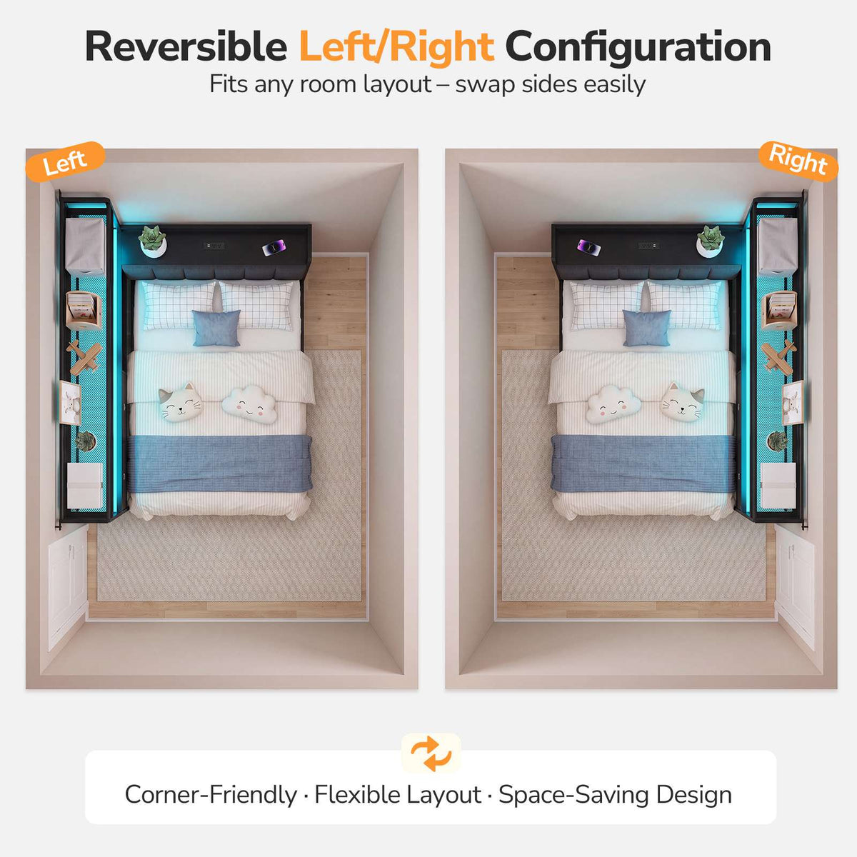 DICTAC |  Twin Corner Bed with 8 Storage Drawers, Bookshelf, Charging Station & LED Lights