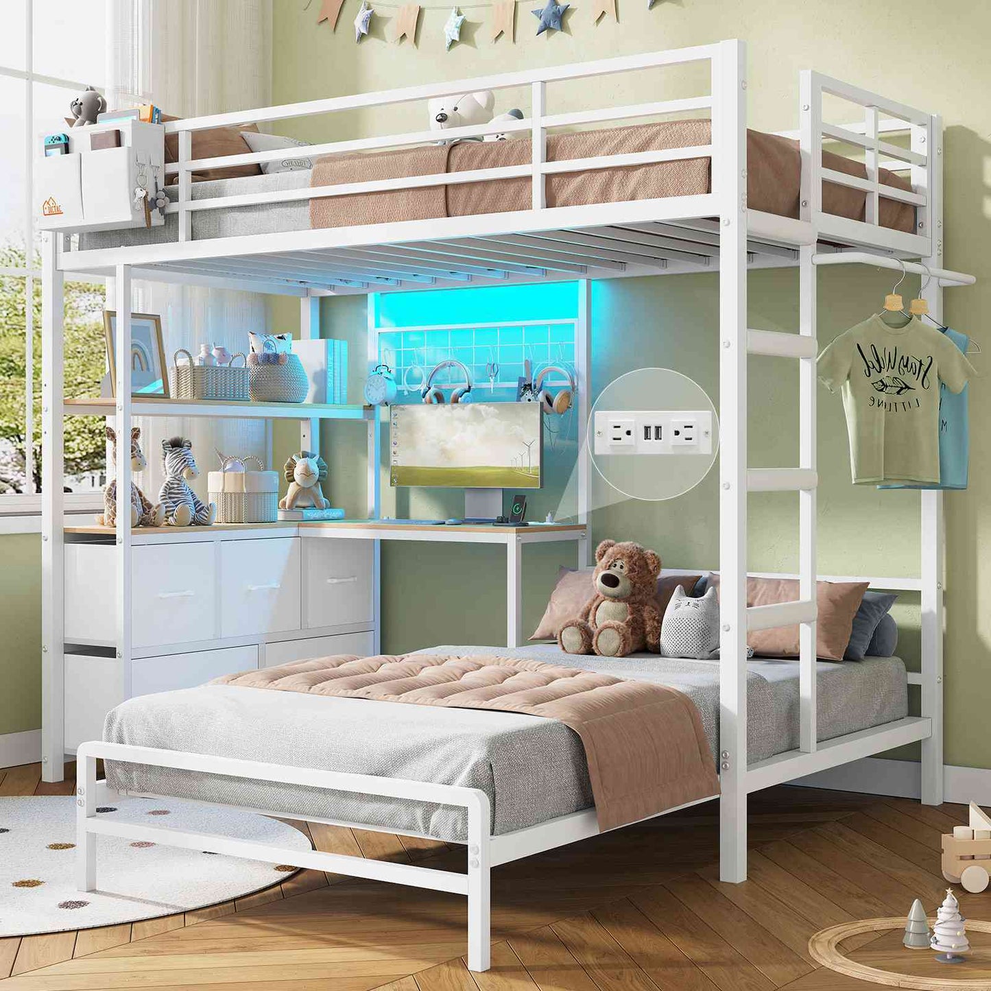 DICTAC Twin XL Over Twin Bunk Bed with L-Shaped Desk, LED Lights & Charging Station, 5 Drawers, Shelves & Storage System, Metal Space-Saving Bunk Bed for Kids & Teens (Black/White)