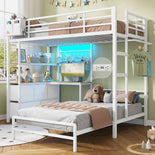 DICTAC Twin XL Over Twin Bunk Bed with L-Shaped Desk, LED Lights & Charging Station, 5 Drawers, Shelves & Storage System, Metal Space-Saving Bunk Bed for Kids & Teens (Black/White)