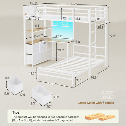 DICTAC Twin XL Over Twin Bunk Bed with L-Shaped Desk, LED Lights & Charging Station, 5 Drawers, Shelves & Storage System, Metal Space-Saving Bunk Bed for Kids & Teens (Black/White)