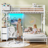 DICTAC Twin XL Over Twin Bunk Bed with L-Shaped Desk, LED Lights & Charging Station, 5 Drawers, Shelves & Storage System, Metal Space-Saving Bunk Bed for Kids & Teens (Black/White)