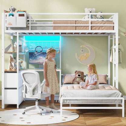 DICTAC Twin XL Over Twin Bunk Bed with L-Shaped Desk, LED Lights & Charging Station, 5 Drawers, Shelves & Storage System, Metal Space-Saving Bunk Bed for Kids & Teens (Black/White)