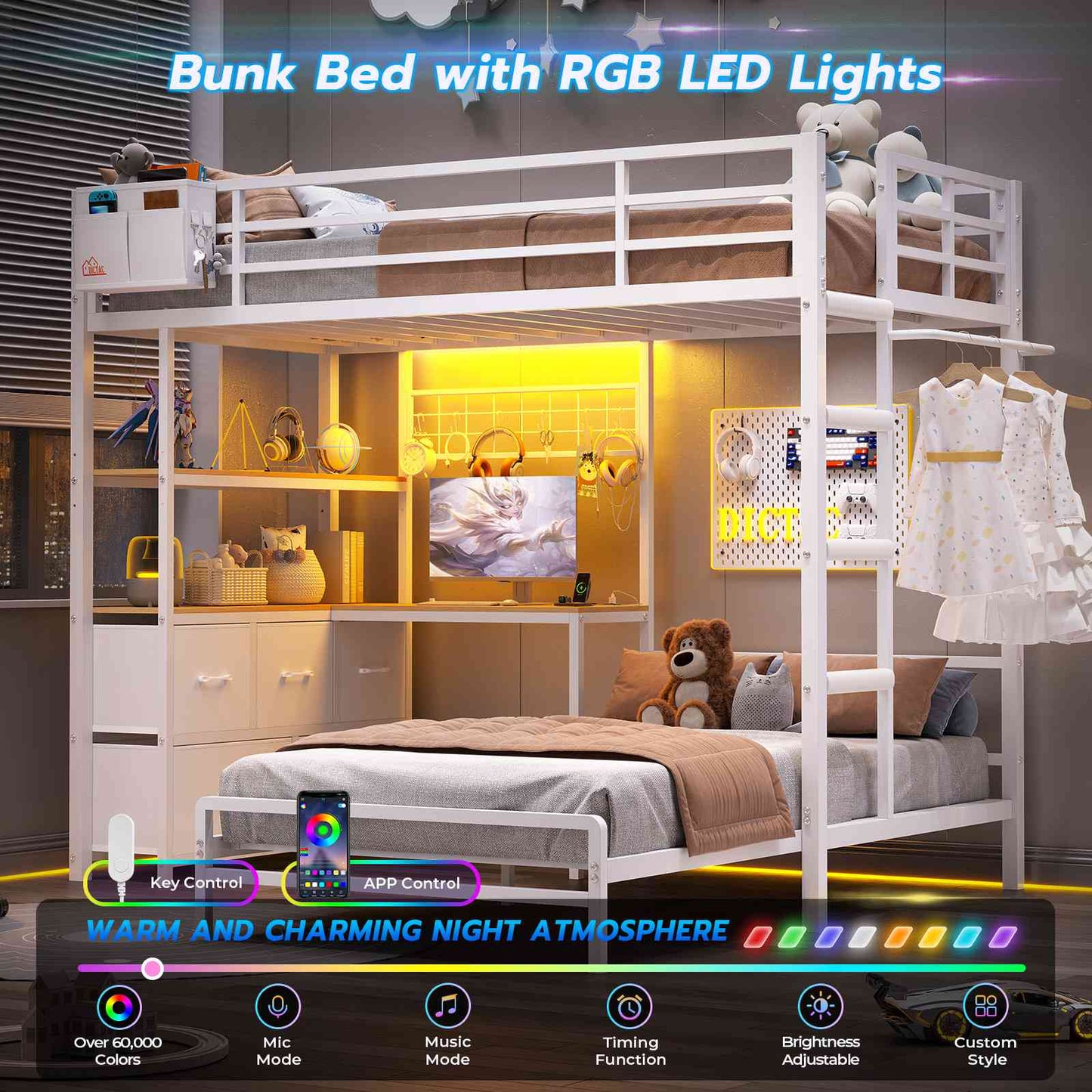 DICTAC Twin XL Over Twin Bunk Bed with L-Shaped Desk, LED Lights & Charging Station, 5 Drawers, Shelves & Storage System, Metal Space-Saving Bunk Bed for Kids & Teens (Black/White)
