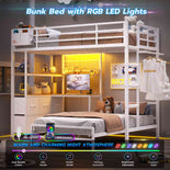 DICTAC Twin XL Over Twin Bunk Bed with L-Shaped Desk, LED Lights & Charging Station, 5 Drawers, Shelves & Storage System, Metal Space-Saving Bunk Bed for Kids & Teens (Black/White)