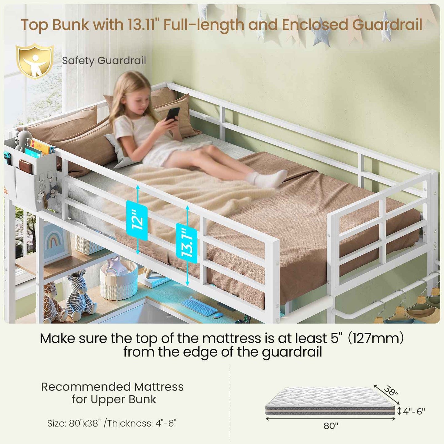 DICTAC Twin XL Over Twin Bunk Bed with L-Shaped Desk, LED Lights & Charging Station, 5 Drawers, Shelves & Storage System, Metal Space-Saving Bunk Bed for Kids & Teens (Black/White)