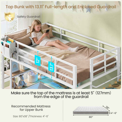 DICTAC Twin XL Over Twin Bunk Bed with L-Shaped Desk, LED Lights & Charging Station, 5 Drawers, Shelves & Storage System, Metal Space-Saving Bunk Bed for Kids & Teens (Black/White)