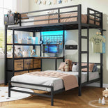 DICTAC Twin XL Over Twin Bunk Bed with L-Shaped Desk, LED Lights & Charging Station, 5 Drawers, Shelves & Storage System, Metal Space-Saving Bunk Bed for Kids & Teens (Black/White)