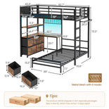 DICTAC Twin XL Over Twin Bunk Bed with L-Shaped Desk, LED Lights & Charging Station, 5 Drawers, Shelves & Storage System, Metal Space-Saving Bunk Bed for Kids & Teens (Black/White)