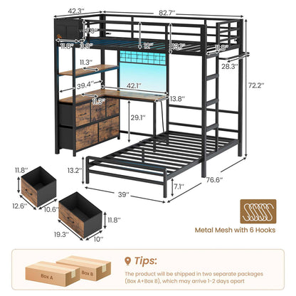 DICTAC Twin XL Over Twin Bunk Bed with L-Shaped Desk, LED Lights & Charging Station, 5 Drawers, Shelves & Storage System, Metal Space-Saving Bunk Bed for Kids & Teens (Black/White)
