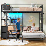 DICTAC Twin XL Over Twin Bunk Bed with L-Shaped Desk, LED Lights & Charging Station, 5 Drawers, Shelves & Storage System, Metal Space-Saving Bunk Bed for Kids & Teens (Black/White)