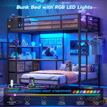 DICTAC Twin XL Over Twin Bunk Bed with L-Shaped Desk, LED Lights & Charging Station, 5 Drawers, Shelves & Storage System, Metal Space-Saving Bunk Bed for Kids & Teens (Black/White)