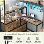 DICTAC Twin XL Over Twin Bunk Bed with L-Shaped Desk, LED Lights & Charging Station, 5 Drawers, Shelves & Storage System, Metal Space-Saving Bunk Bed for Kids & Teens (Black/White)