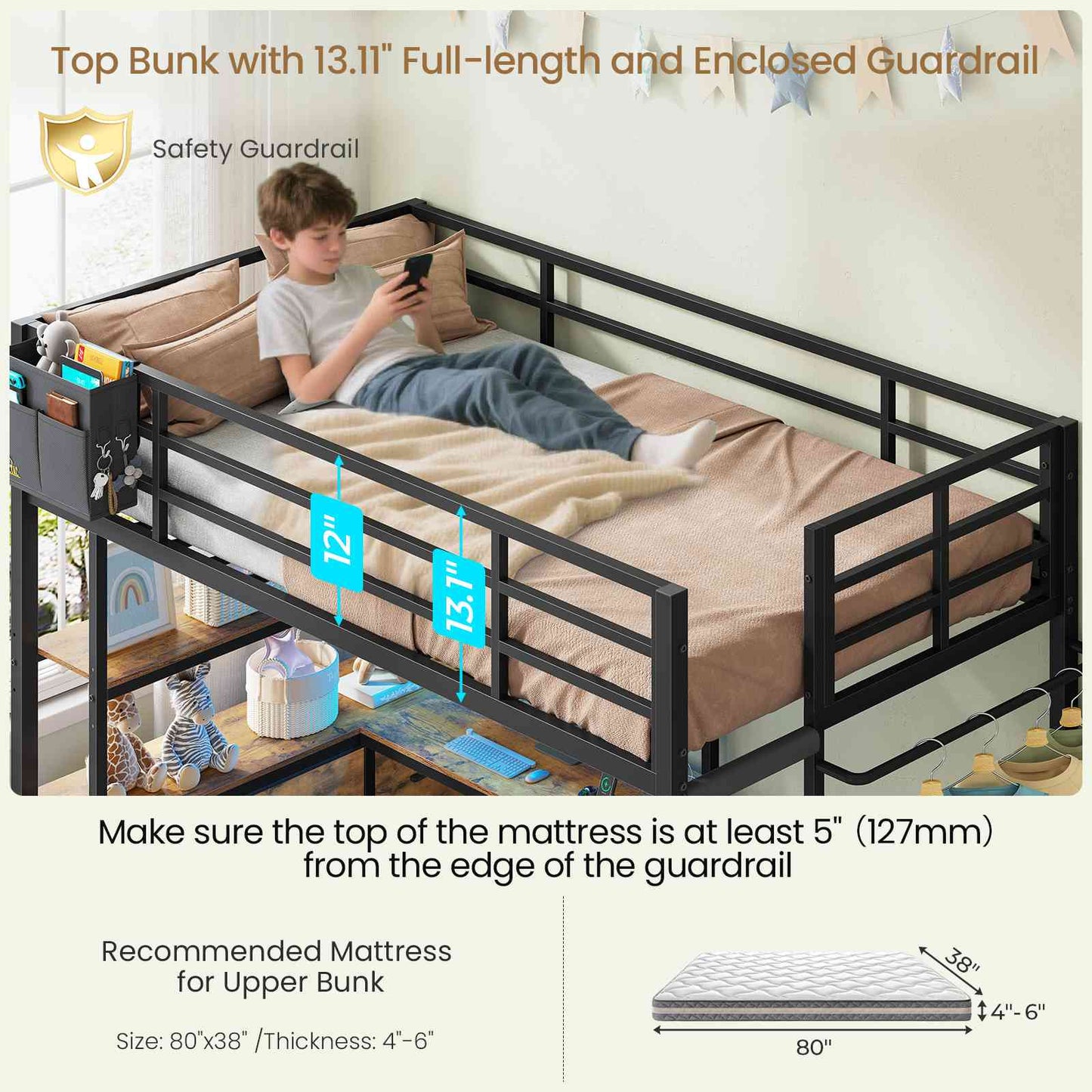 DICTAC Twin XL Over Twin Bunk Bed with L-Shaped Desk, LED Lights & Charging Station, 5 Drawers, Shelves & Storage System, Metal Space-Saving Bunk Bed for Kids & Teens (Black/White)