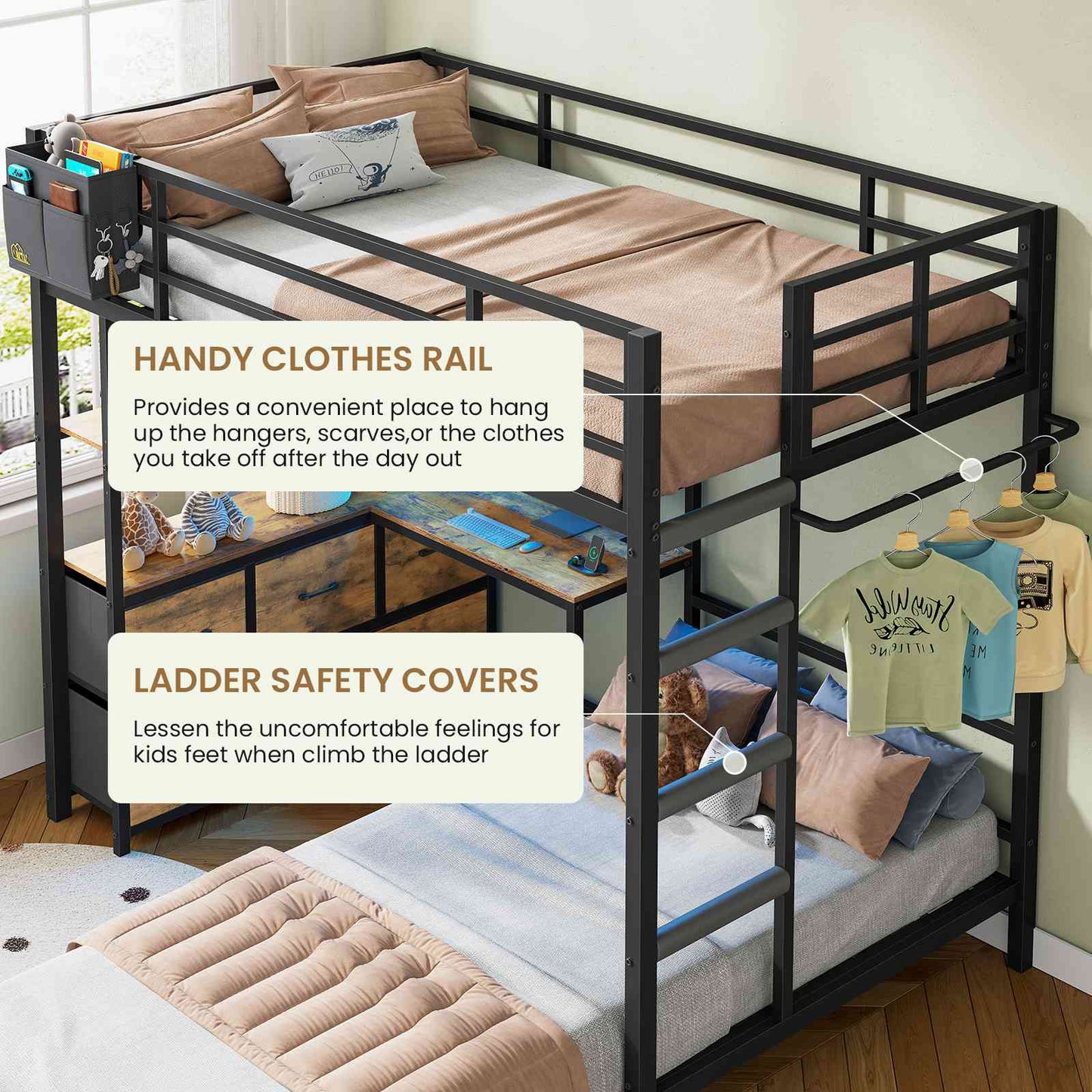 DICTAC Twin XL Over Twin Bunk Bed with L-Shaped Desk, LED Lights & Charging Station, 5 Drawers, Shelves & Storage System, Metal Space-Saving Bunk Bed for Kids & Teens (Black/White)
