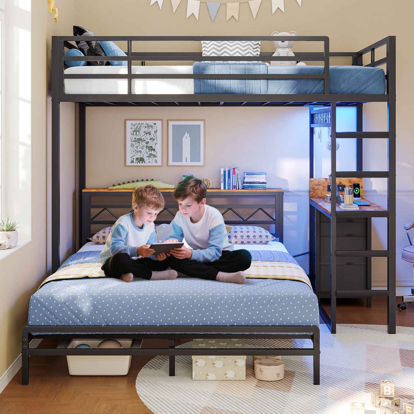 DICTAC | Bunk Bed with Desk & Charging Station, LED Lights, 4 Drawers & Storage Headboard, Metal L-Shaped Bunk Bed for Kids & Teens (Black/White)