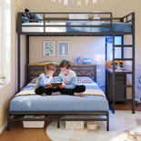 DICTAC | Bunk Bed with Desk & Charging Station, LED Lights, 4 Drawers & Storage Headboard, Metal L-Shaped Bunk Bed for Kids & Teens (Black/White)
