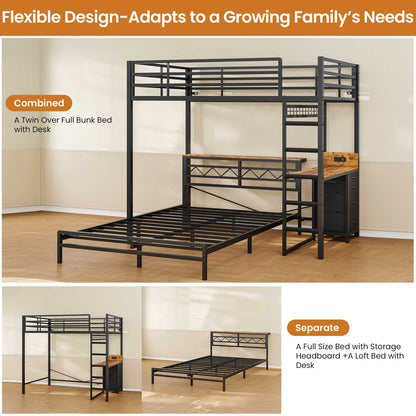 DICTAC | Bunk Bed with Desk & Charging Station, LED Lights, 4 Drawers & Storage Headboard, Metal L-Shaped Bunk Bed for Kids & Teens (Black/White)