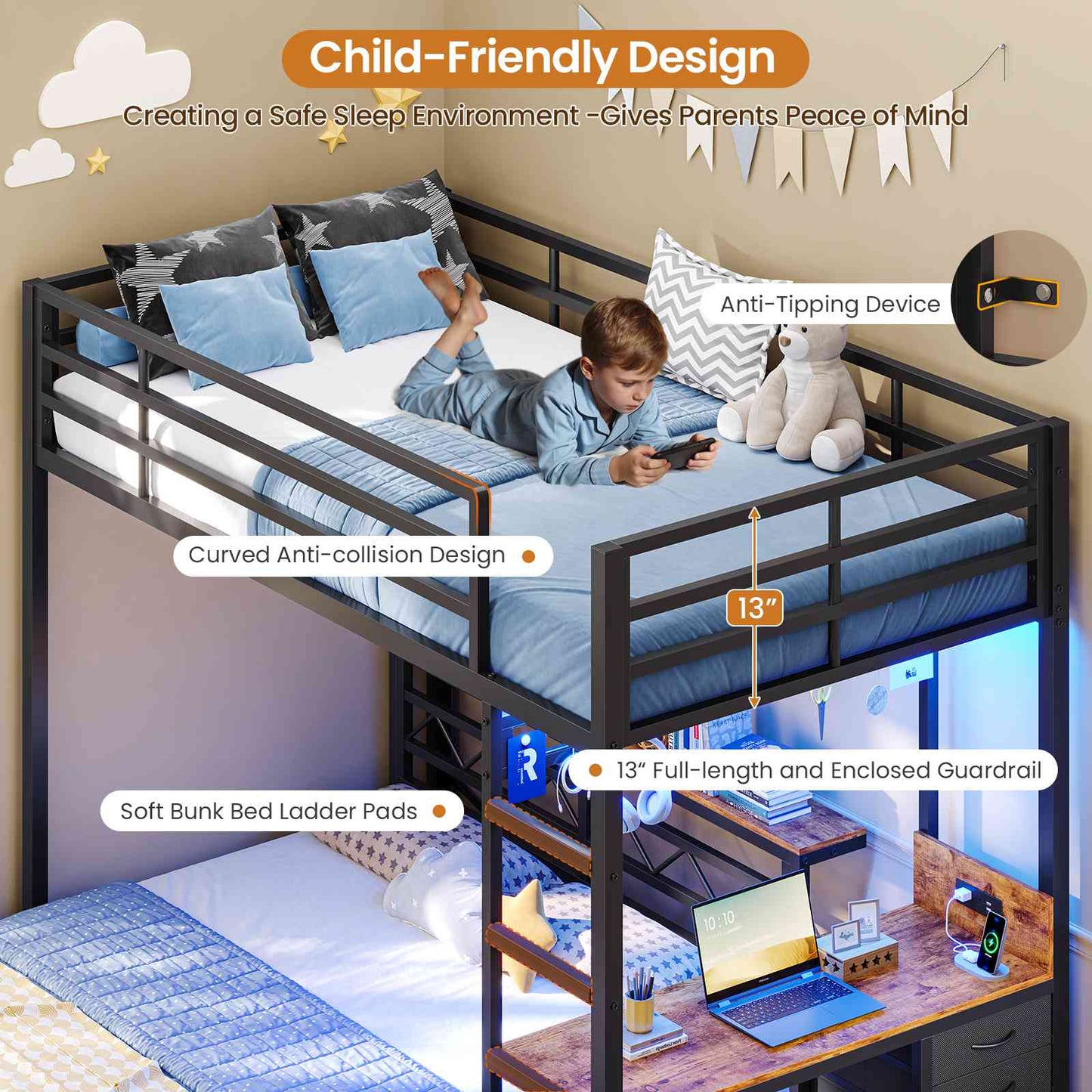 DICTAC | Bunk Bed with Desk & Charging Station, LED Lights, 4 Drawers & Storage Headboard, Metal L-Shaped Bunk Bed for Kids & Teens (Black/White)
