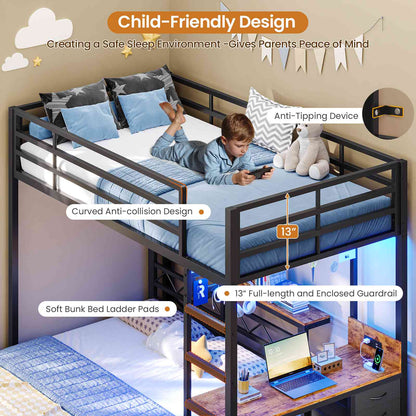 DICTAC | Bunk Bed with Desk & Charging Station, LED Lights, 4 Drawers & Storage Headboard, Metal L-Shaped Bunk Bed for Kids & Teens (Black/White)