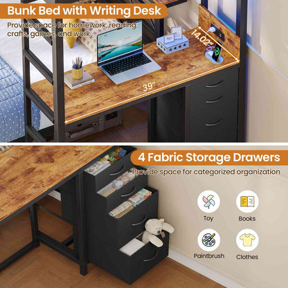 DICTAC | Bunk Bed with Desk & Charging Station, LED Lights, 4 Drawers & Storage Headboard, Metal L-Shaped Bunk Bed for Kids & Teens (Black/White)