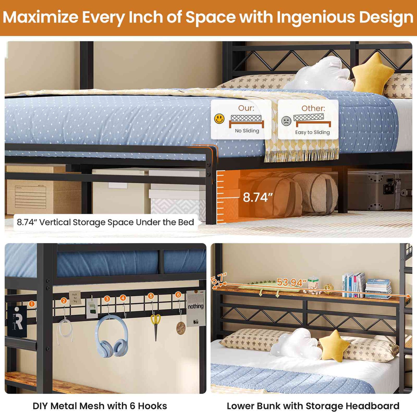 DICTAC | Bunk Bed with Desk & Charging Station, LED Lights, 4 Drawers & Storage Headboard, Metal L-Shaped Bunk Bed for Kids & Teens (Black/White)