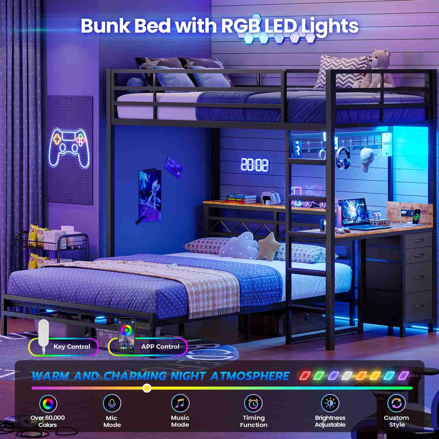 DICTAC | Bunk Bed with Desk & Charging Station, LED Lights, 4 Drawers & Storage Headboard, Metal L-Shaped Bunk Bed for Kids & Teens (Black/White)